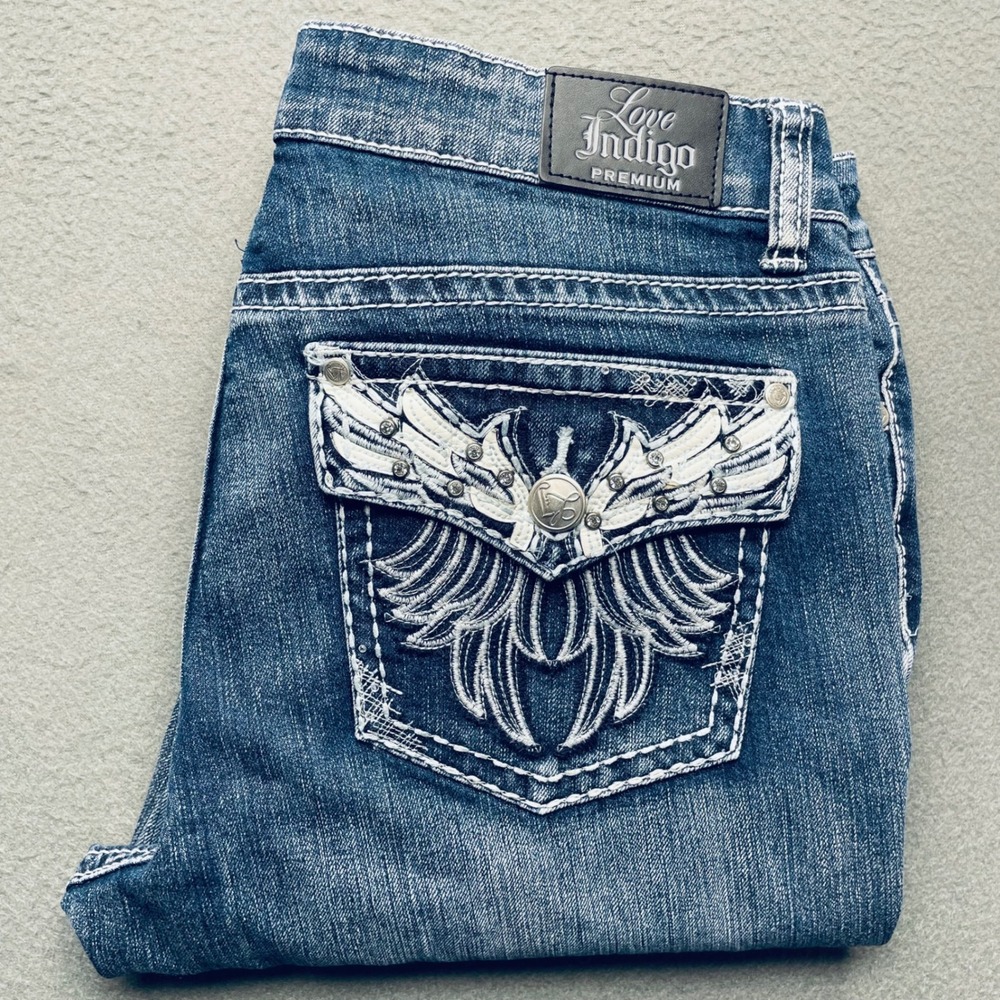 Love Indigo Women Bootcut Jeans Cotton Blend 12 Y2K Western Embellished Blue